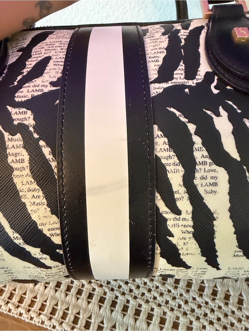 L.A.M.B. Black and White Zebra Stripe Satchel with Gold Plaque - Picture 9 of 9